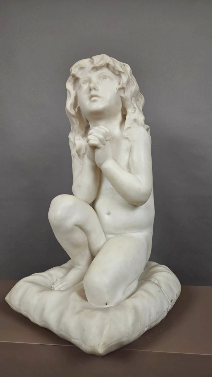 D'après Luigi Pompaloni, "enfant priant" marbre blanc, fin 19th-photo-4