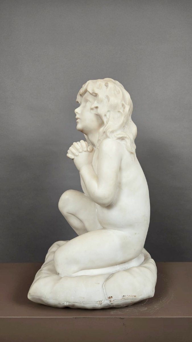 D'après Luigi Pompaloni, "enfant priant" marbre blanc, fin 19th-photo-1