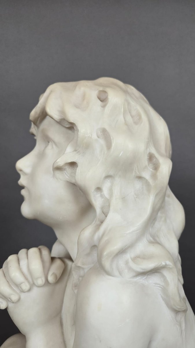 D'après Luigi Pompaloni, "enfant priant" marbre blanc, fin 19th-photo-2