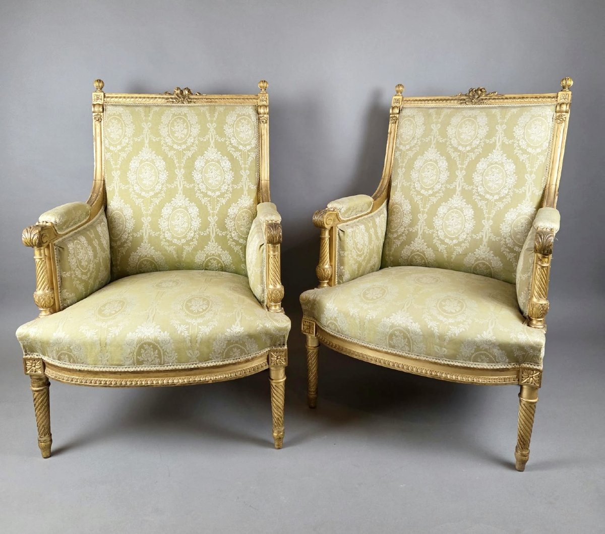 Pair Of Louis Vi-style Bergère Chairs In Finely Carved Gilded Wood, 19th Century