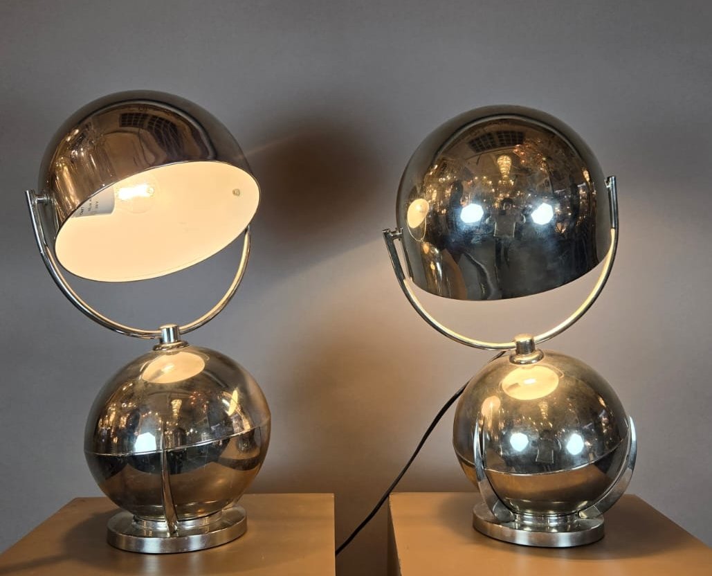 Paire de lampes "Boule" en chrome d'après Felix Aublet, circa 1930-photo-3