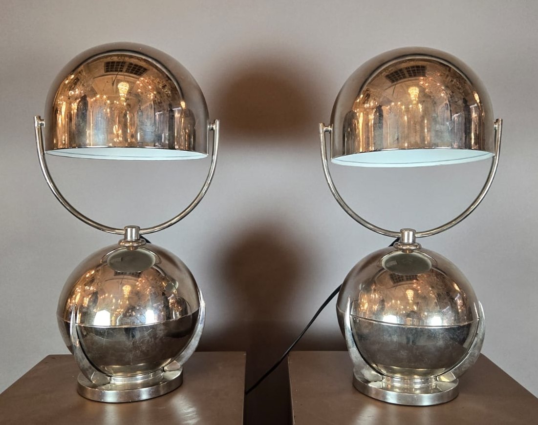 Paire de lampes "Boule" en chrome d'après Felix Aublet, circa 1930-photo-6
