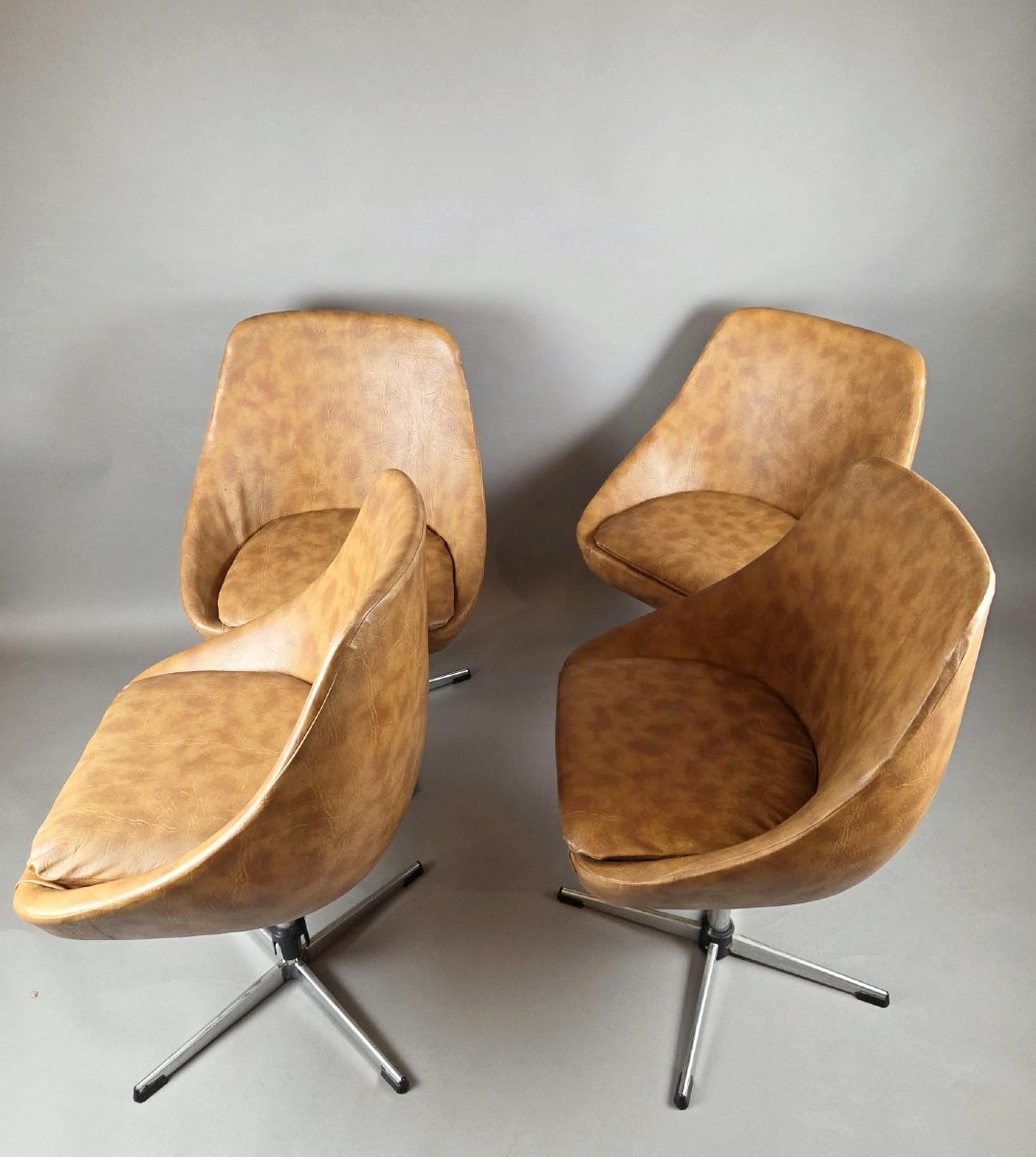 Set Of Four Tulip Chairs In Faux Leather With Chrome Bases, Circa 1970-photo-2