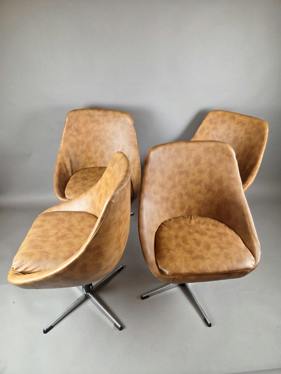 Set Of Four Tulip Chairs In Faux Leather With Chrome Bases, Circa 1970