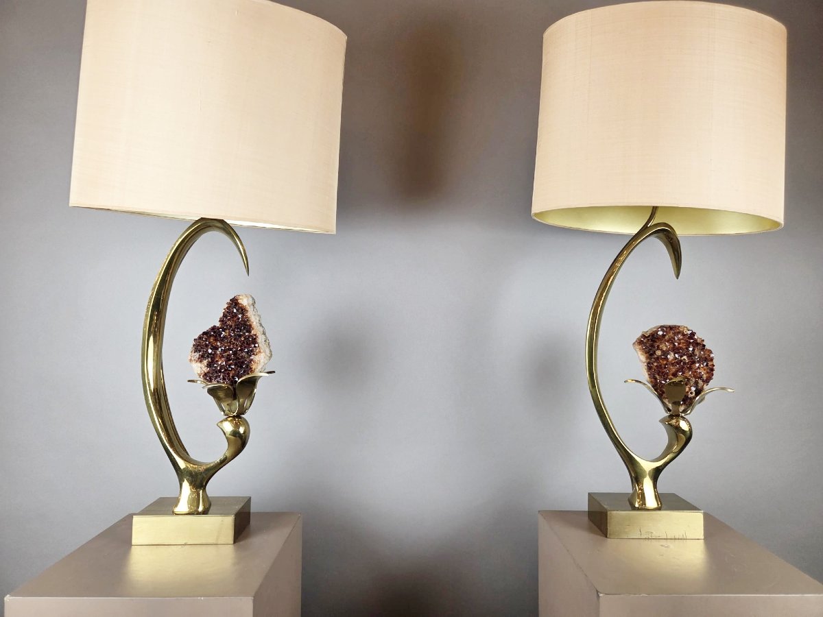 Willy Daro, paire de lampes en laiton et quartz, signé , vers 1970-photo-2