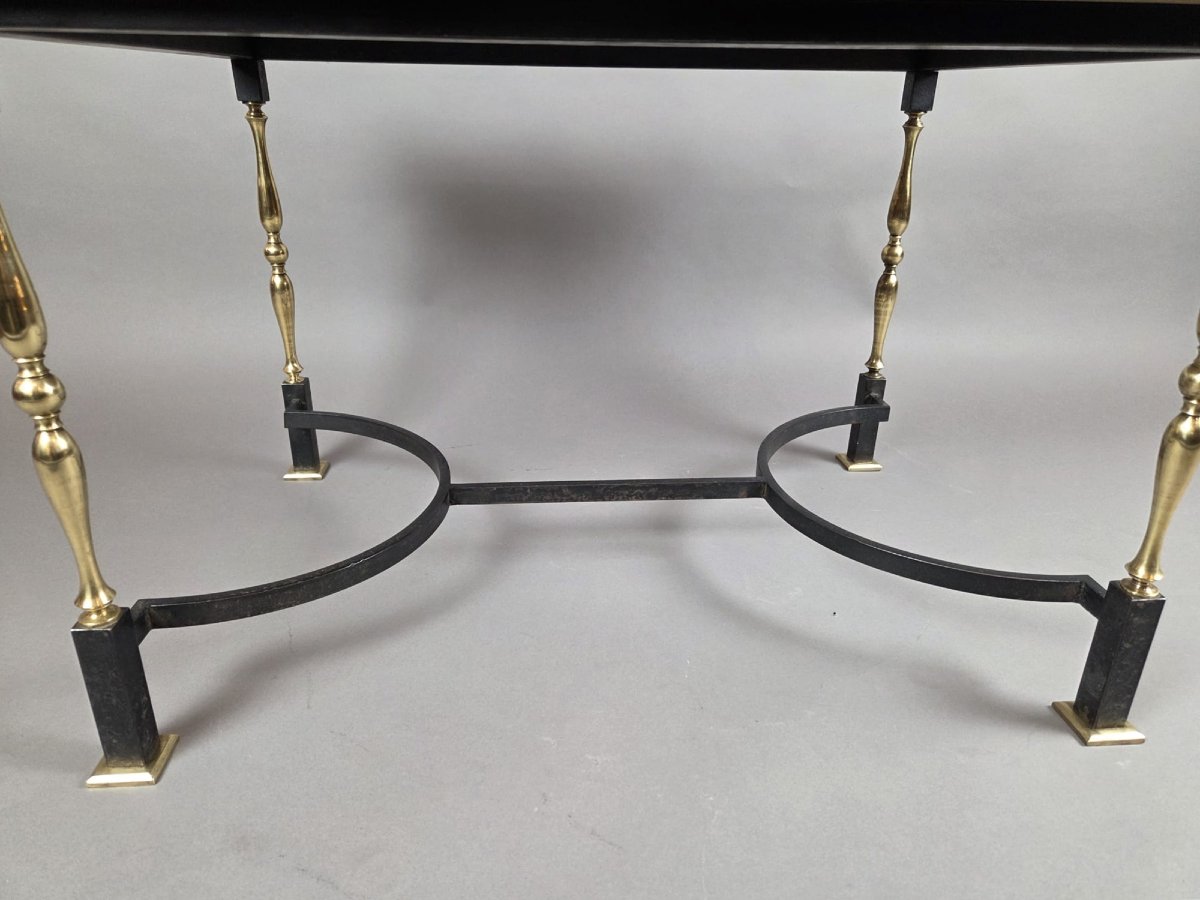 Table basse en fer forgé et laiton, tablette en travertin, vers 1970-photo-4