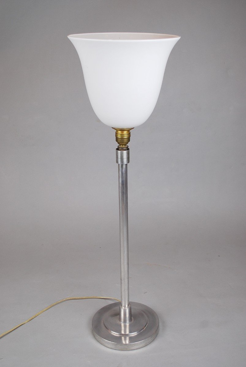 Lampe Mazda, Métal Chromé Et Opaline Blanche-photo-2