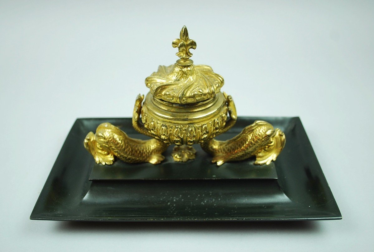 Inkwell In Gilt Bronze And Black Patina, 19th-photo-2
