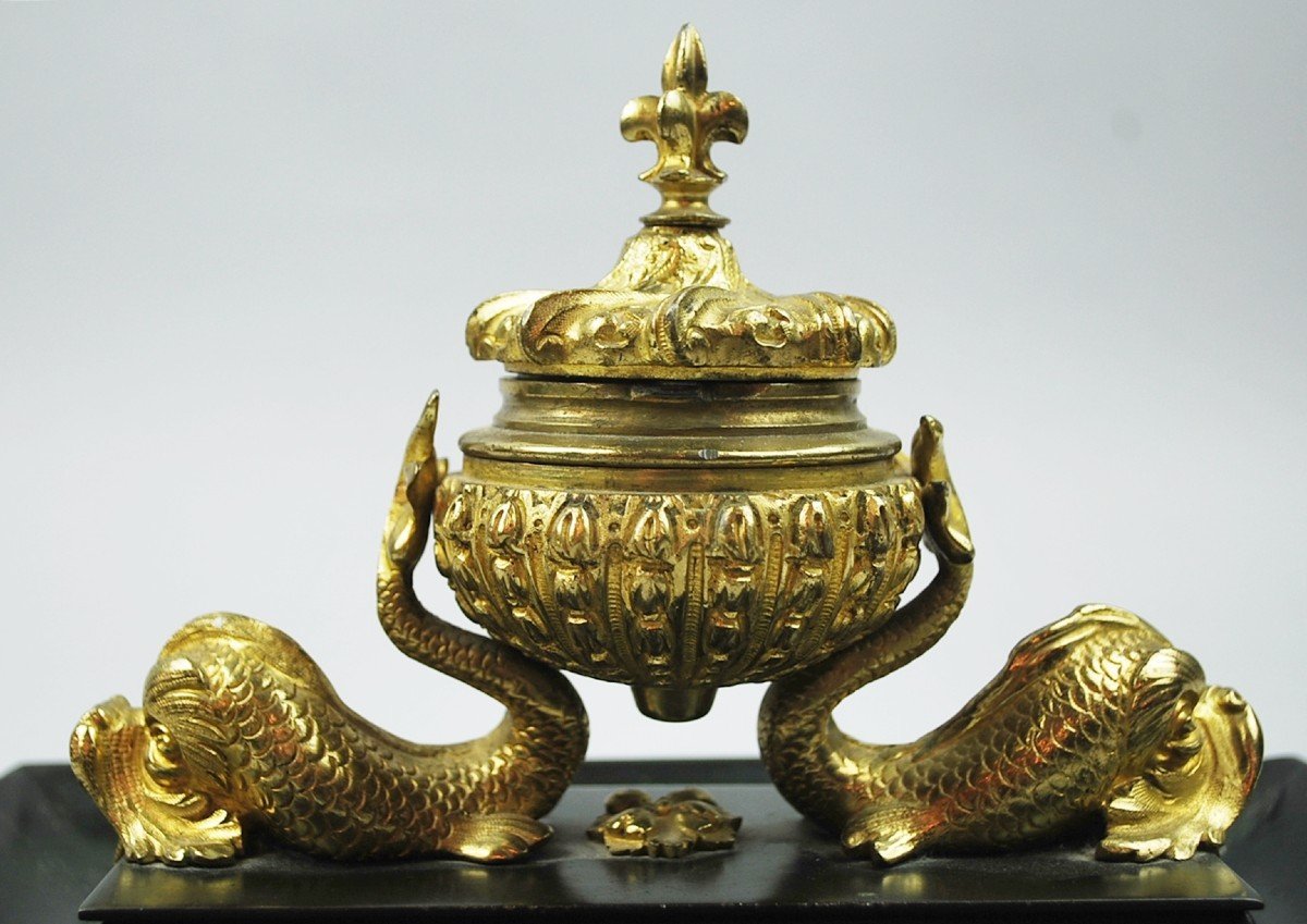 Inkwell In Gilt Bronze And Black Patina, 19th-photo-4