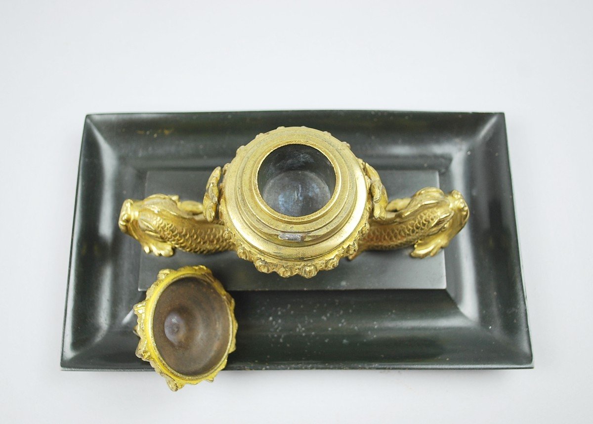 Inkwell In Gilt Bronze And Black Patina, 19th-photo-3