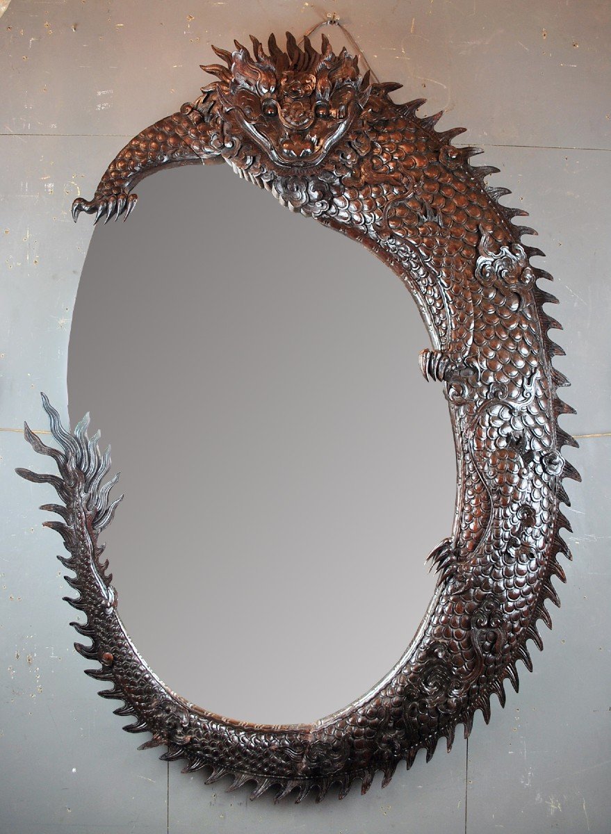 Large Iron Wood Dragon Mirror, 19th