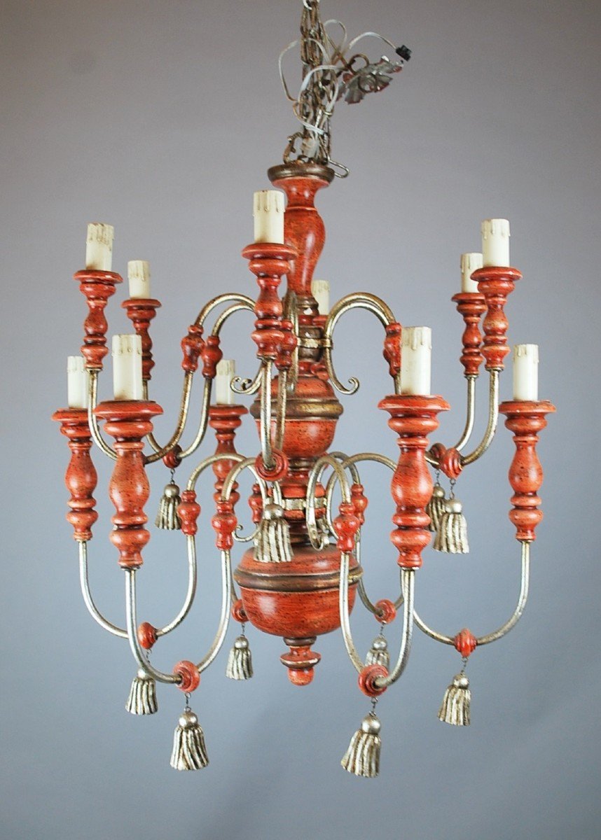 Italian Chandelier In Patinated Wood, 1950s-photo-2