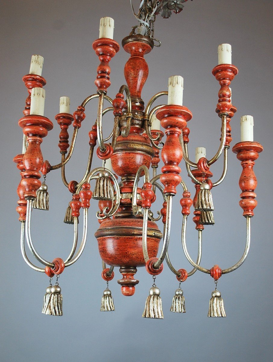 Italian Chandelier In Patinated Wood, 1950s-photo-3