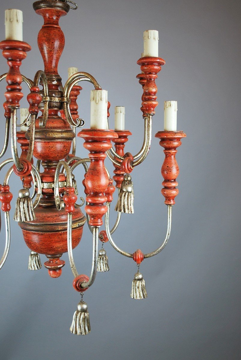 Italian Chandelier In Patinated Wood, 1950s-photo-4
