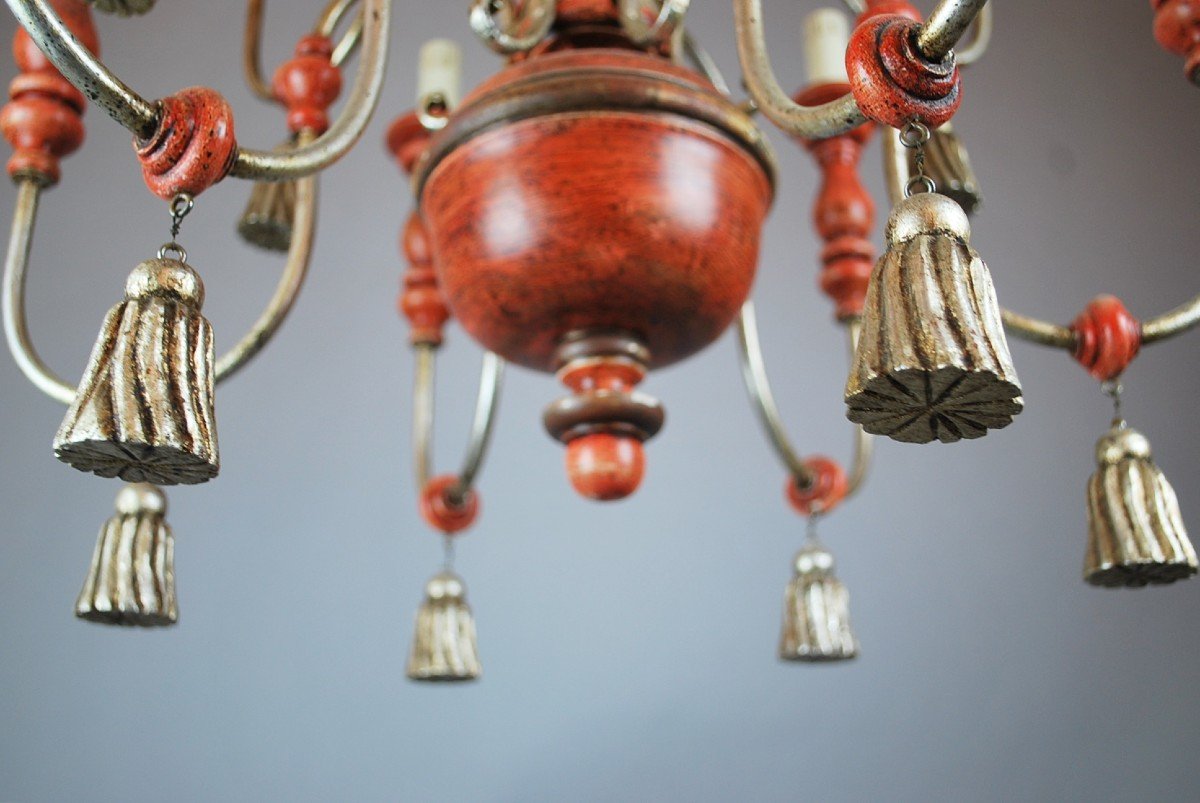 Italian Chandelier In Patinated Wood, 1950s-photo-5