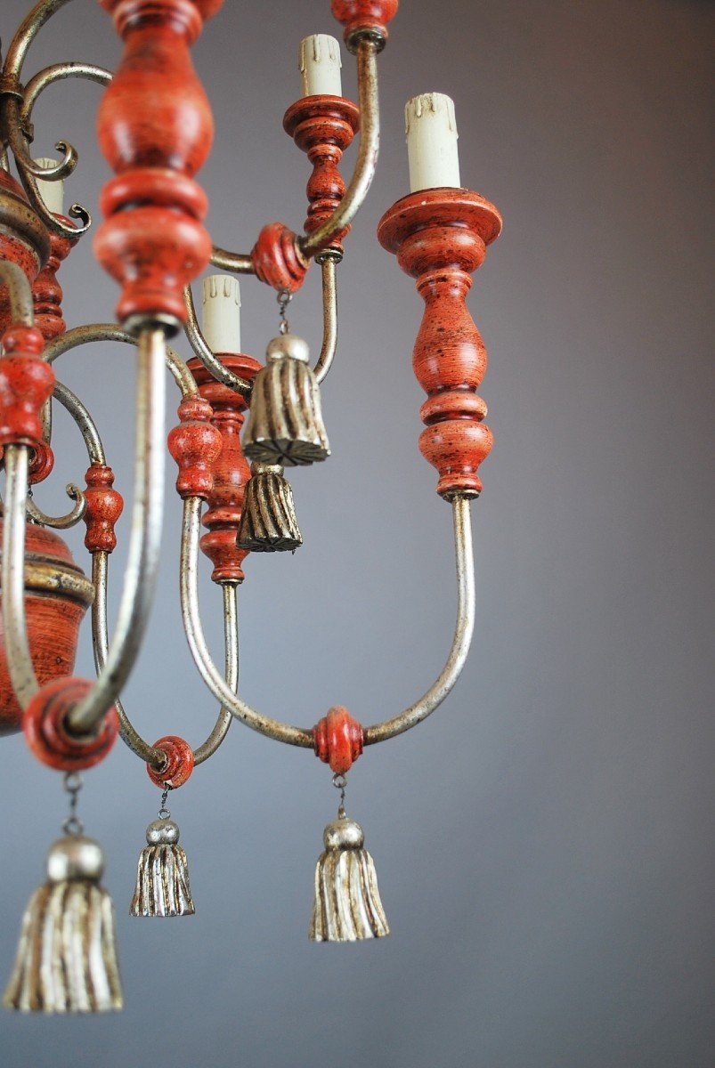 Italian Chandelier In Patinated Wood, 1950s-photo-7