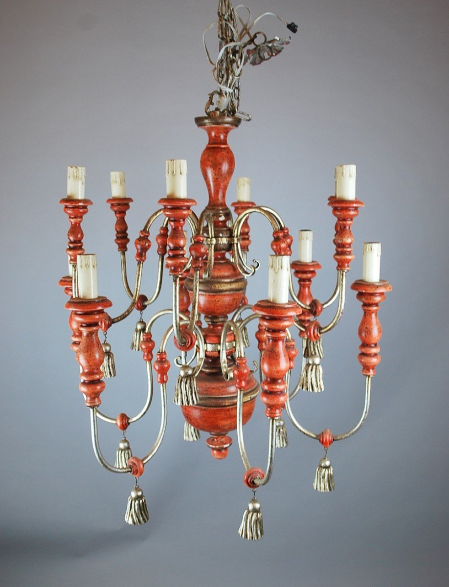 Italian Chandelier In Patinated Wood, 1950s-photo-8