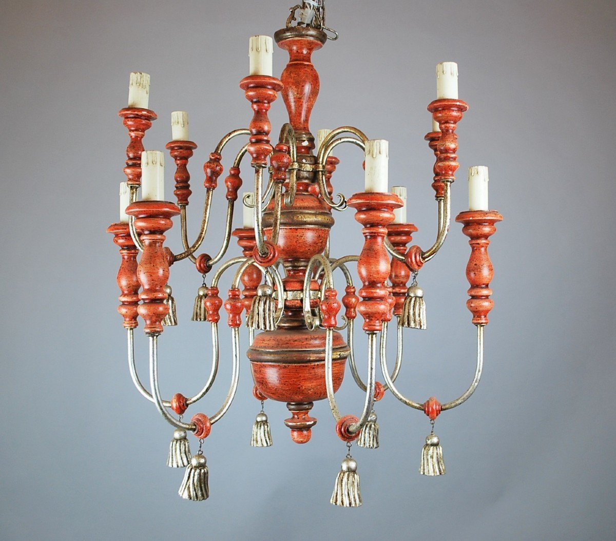 Italian Chandelier In Patinated Wood, 1950s