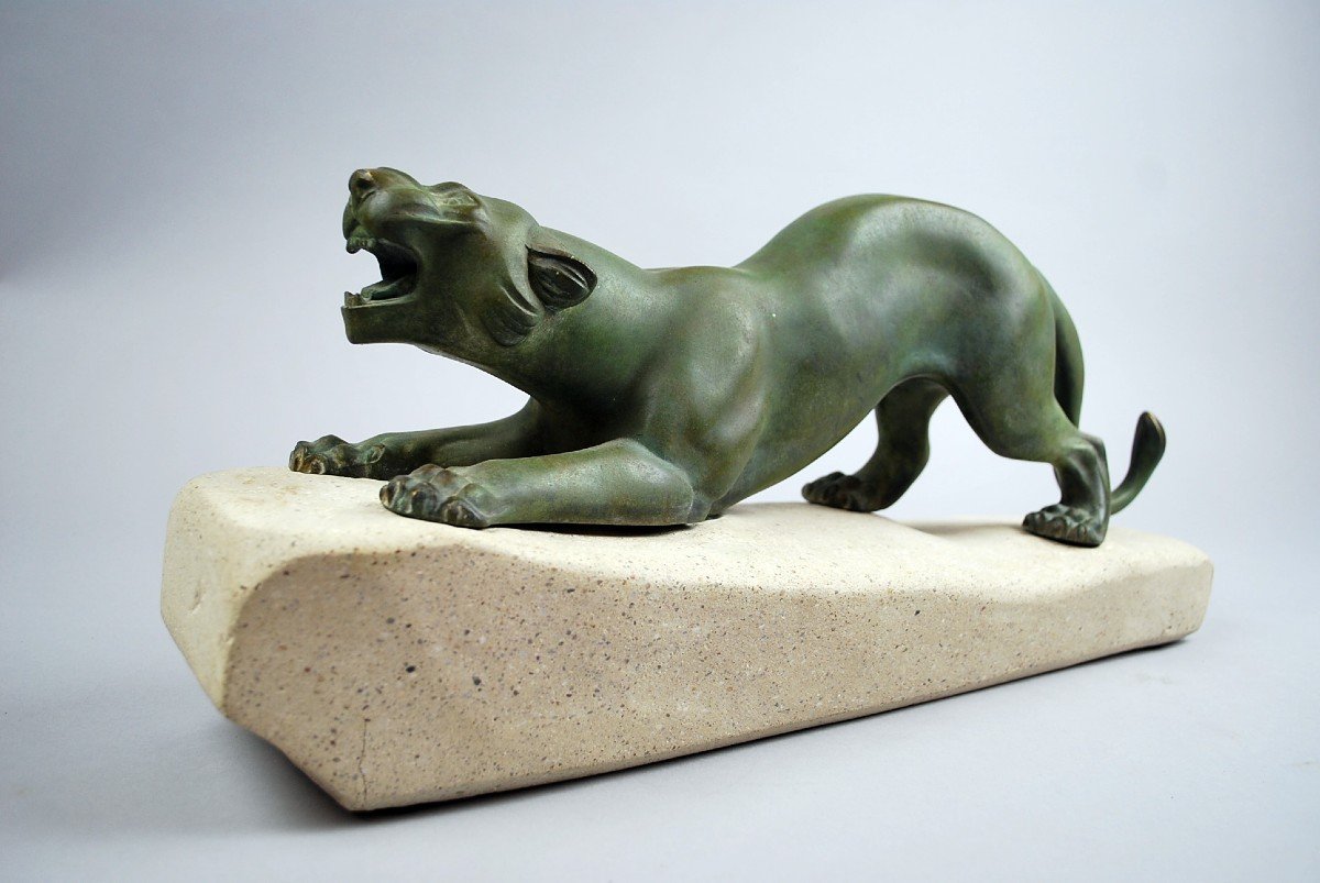 J. De Roncourt, Panther In Regulates With Green Patina