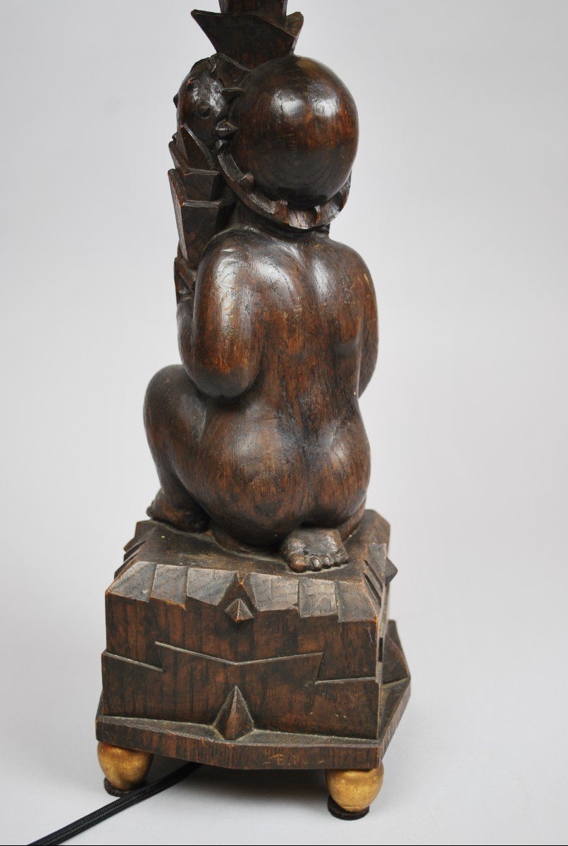 Lamp Base In Carved Wood, Austrian Work Circa 1910-photo-3