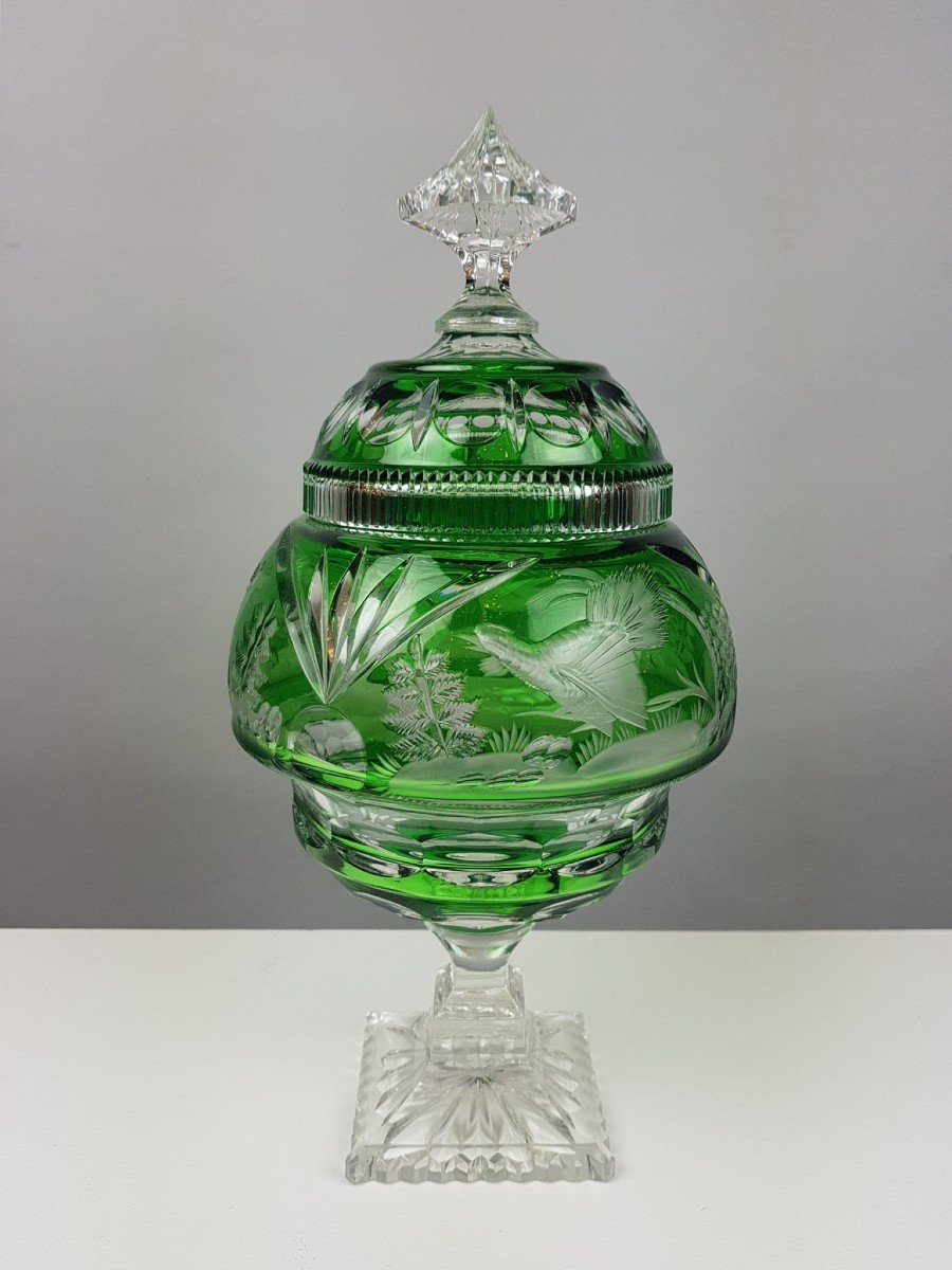 Vase Couvert En Cristal Taillé Doublé Vert-photo-2