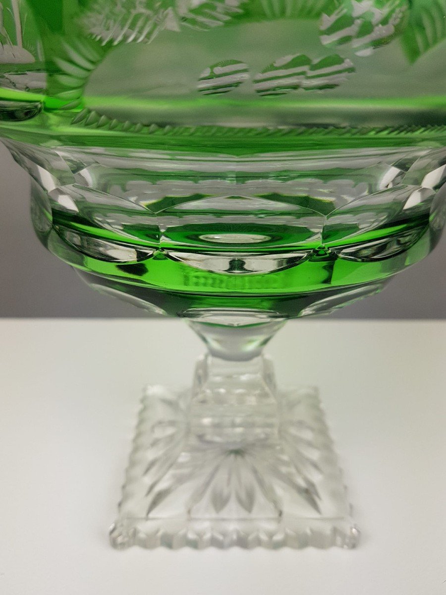 Vase Couvert En Cristal Taillé Doublé Vert-photo-3