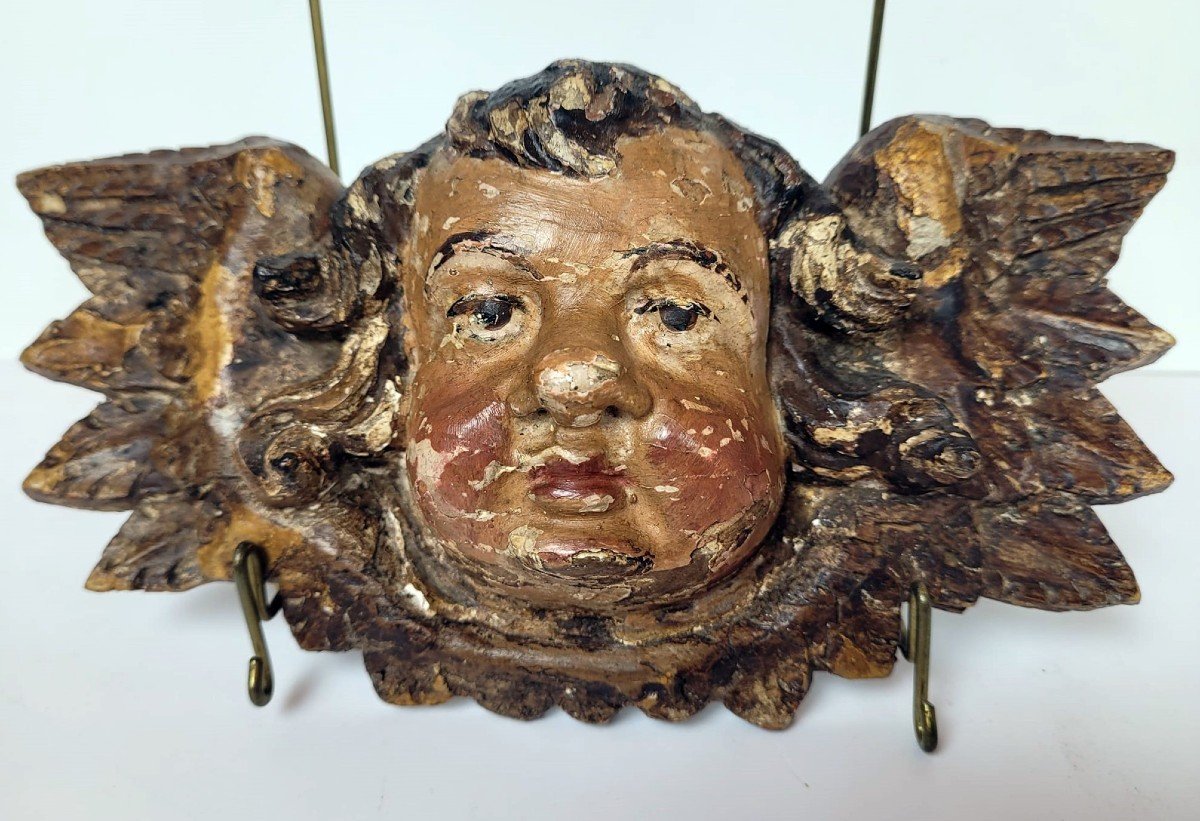 Ange En Bois Sculpté Et Polychromé, Italie 18th