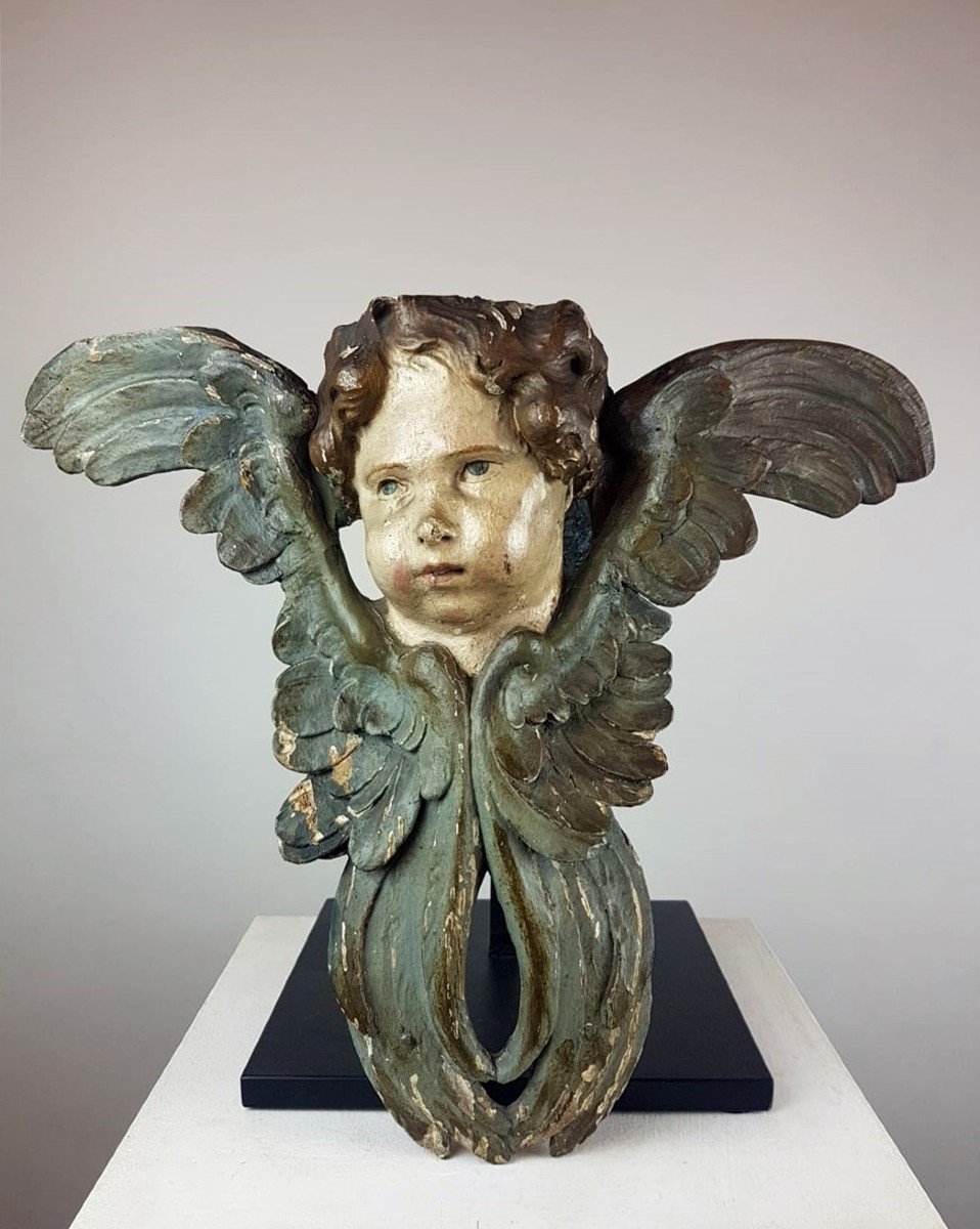 Angelot En Bois Sculpté Et Polychromé, Italie 19th