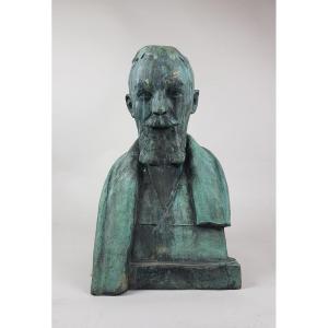 Oscar De Clerck, Bust Of A Man In Bronze With Green Patina