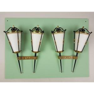 M. Kobis And R Lorence, Pair Of Double Sconces In Sheet Metal And Wrought Iron, Circa 1950