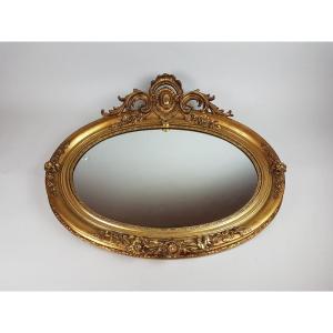 Oval Mirror In Wood And Golden Stucco, Late 19th