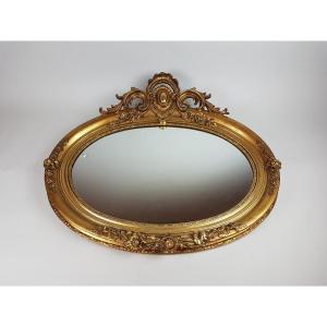 Oval Mirror In Wood And Golden Stucco, Late 19th