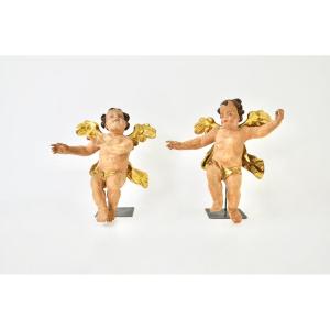 Paire d'Anges En Bois Polychrome