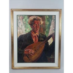 Lucien Hock, école Belge (1899 - 1972), Huile Sur Toile "guitariste"
