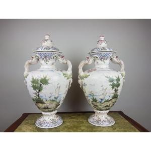 Marseille, Pair Of Earthenware Covered Vases, 19th