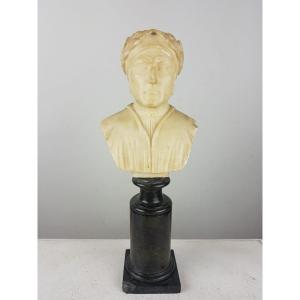 Buste De Dante En Albâtre Et Socle En Porphyre Vert, 19th