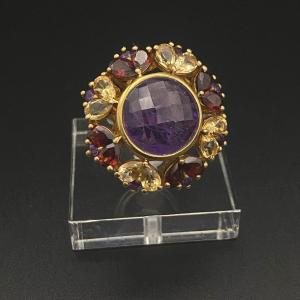 Vermeil Ring, Central Cabochon In Cut Amethyst, Bordered With Garnets And Citrines