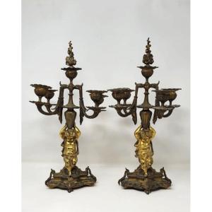 Pair Of Bronze Candlesticks - 19th Century