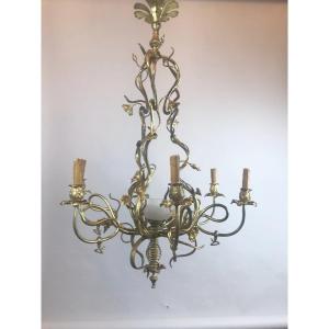 Art Nouveau Chandelier In Copper And Brass