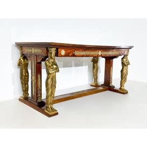 Bureau Double Face De Style Empire En Acajou Et Bronze Doré, Estampillé Jansen, Début 20th