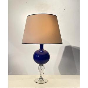 Blue Murano Glass Lamp And Translucent White Glass Base Circa 1960