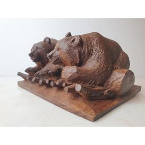 Black Drill, “bear Cubs” Carved Wood, Early 20th