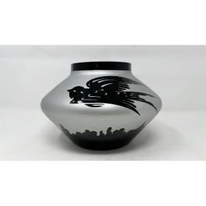 Ardver, Vase With Swallows, Sand-cleared Hyalite Glass, Boom Circa 1930