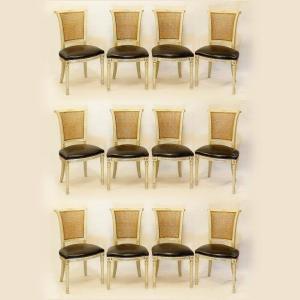 Series Of 12 Chairs, Directoire Style, Leather, Cannage, Wood, 20th.c
