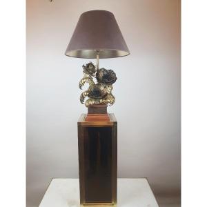 Lampe Brutaliste Et Son Socle En Laiton, Vers 1970