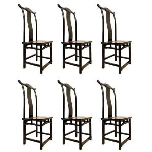 Suite Of 6 Chinese Chairs In Black Lacquered Wood