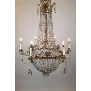 Sac Chandelier With Beads In Bronze, Brass And Glass, 19th