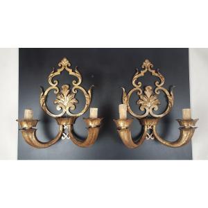 Pair Of Wrought Iron And Golden Sheet Wall Sconces