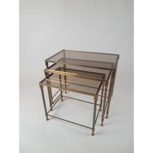 Suite Of 3 Nesting Tables In Brass And Smoked Glass