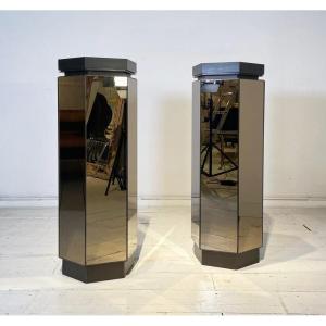 Pair Of Smoked Glass Mirror Columns, Black Lacquered Shelf 1970s